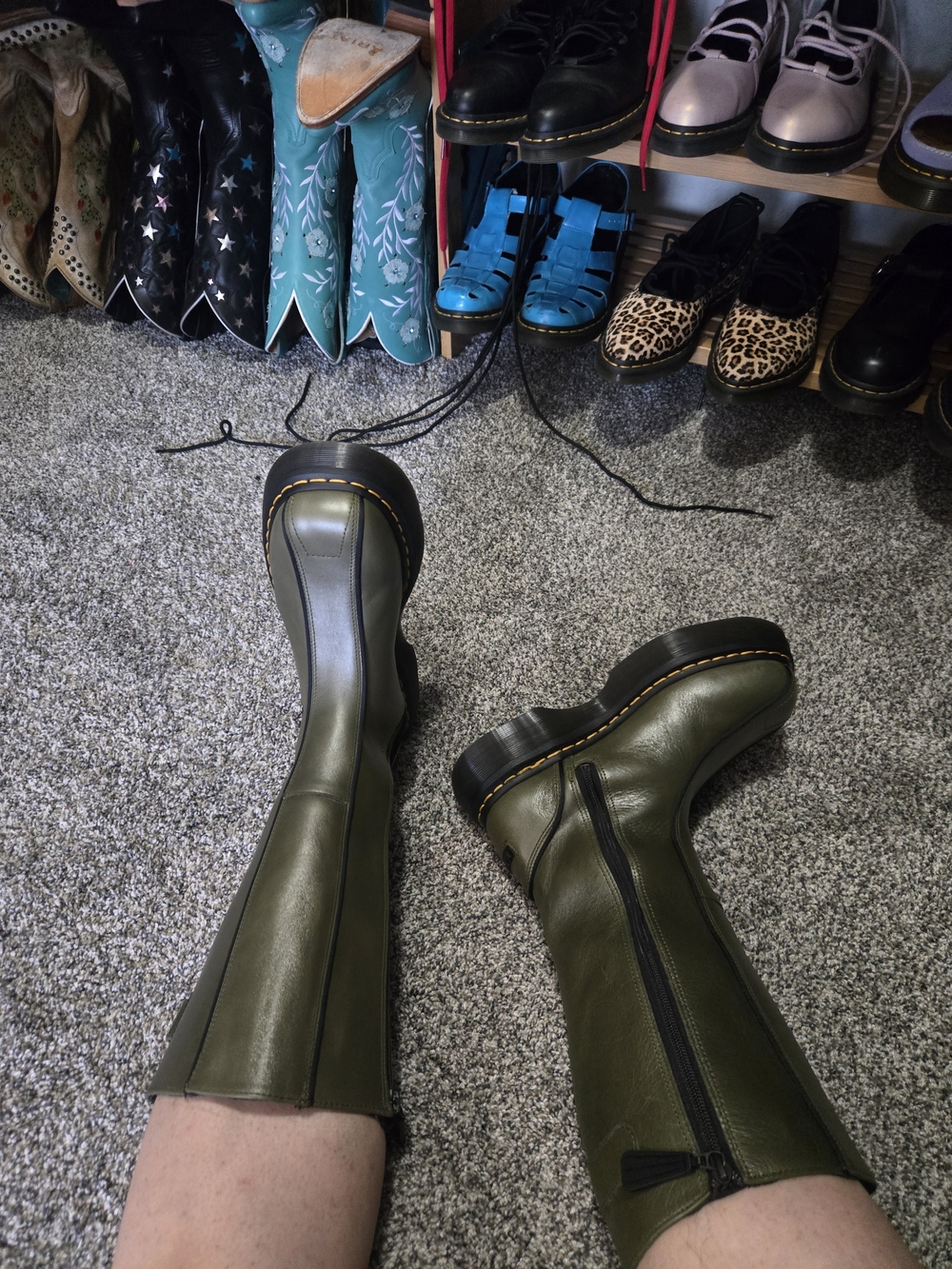 Dr. Martens Olive Green Leather Knee-High Zip Boots with Yellow Stitching - Picture 7 of 16